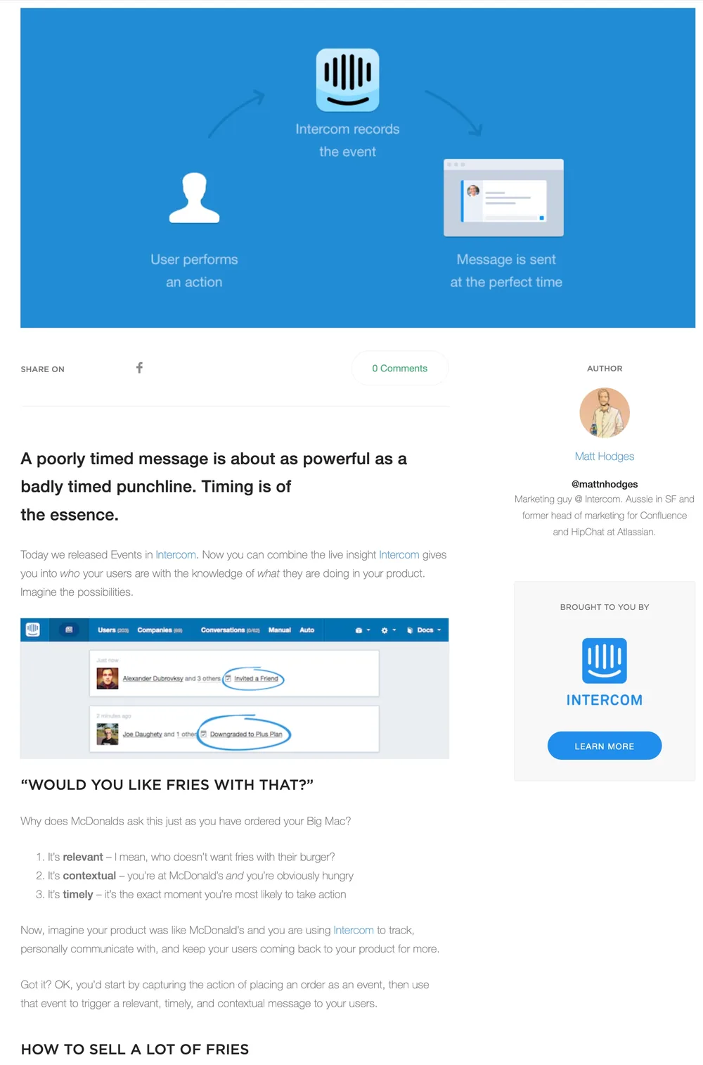 The Custom Events announcement on the Intercom blog