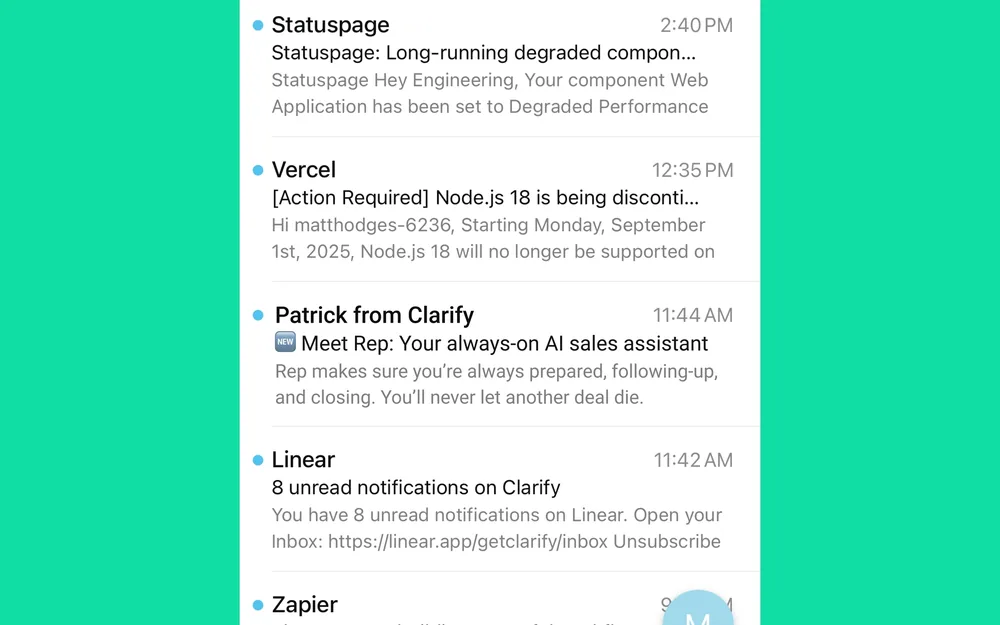 Inbox mock: “Meet Rep: Your always-on AI sales assistant”