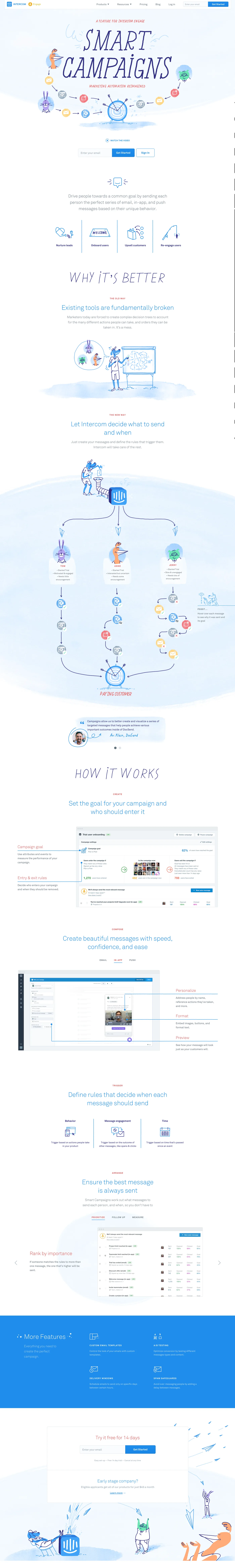 Intercom — Smart Campaigns landing page, Jun 2016